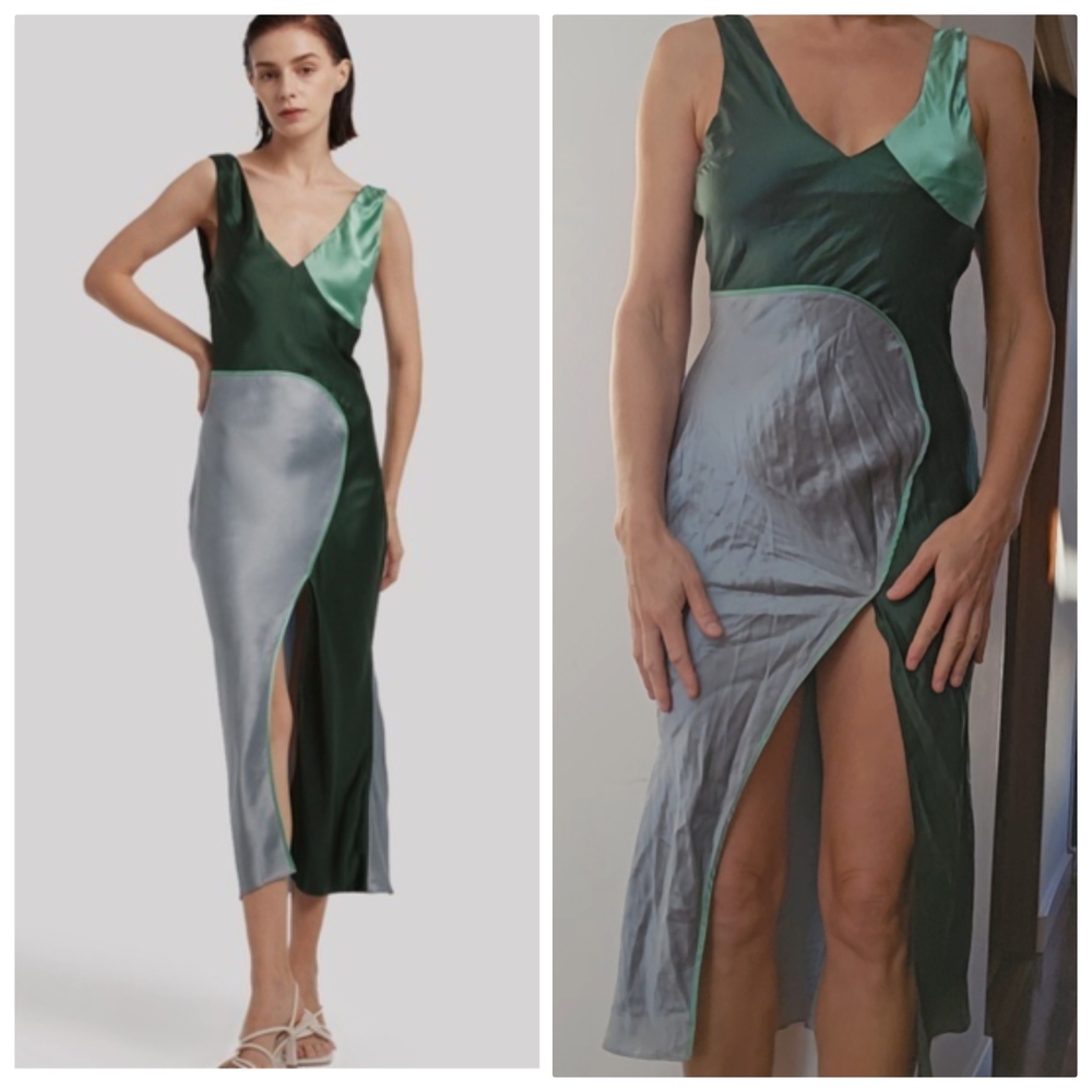 Silk Maison 100% Silk Art House Color Block Demure Green and Silver Midi Dress S